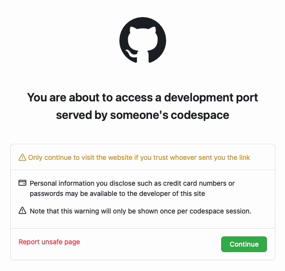 Screen showing prompt for codespaces port access.